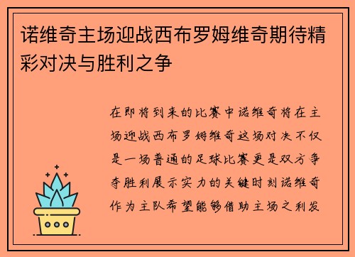 诺维奇主场迎战西布罗姆维奇期待精彩对决与胜利之争